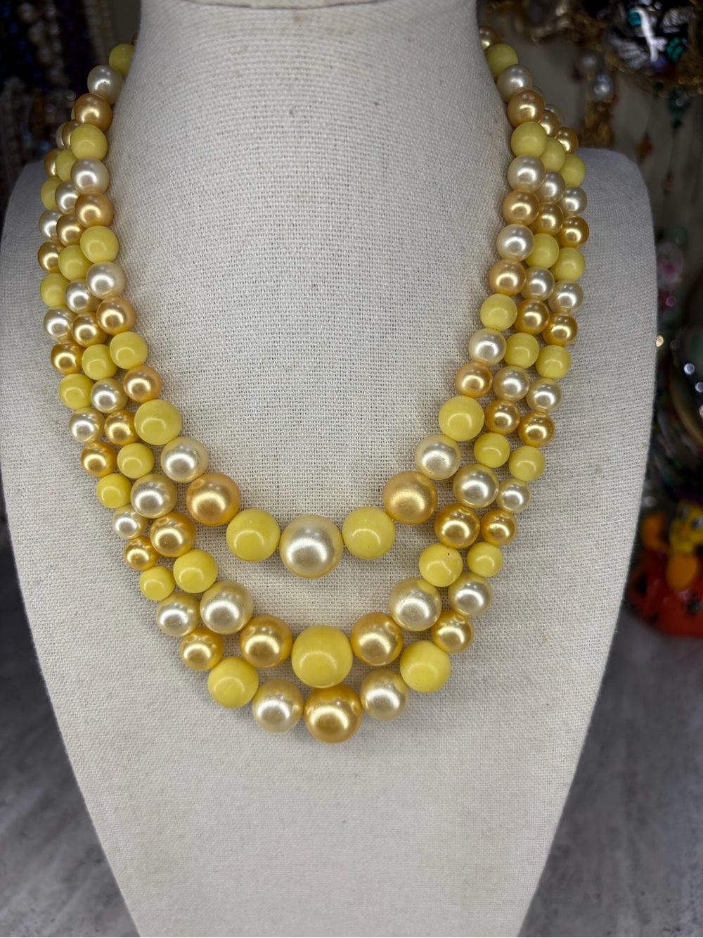 Vintage Japan Signed Necklace Yellow Beaded Three Strands Layered Jewelry